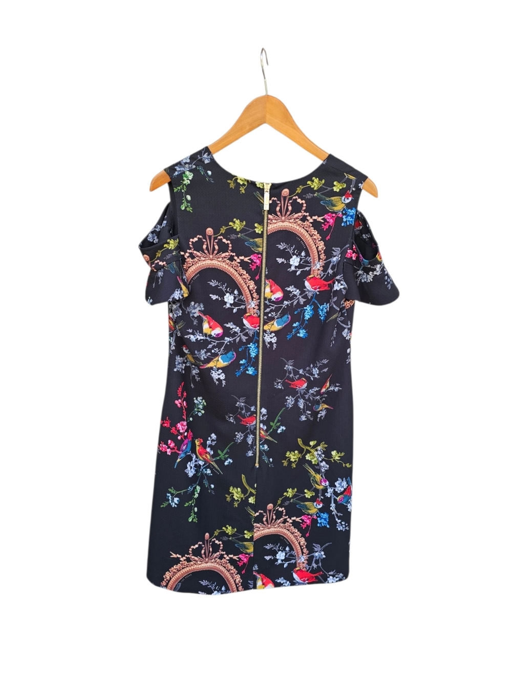 Ted Baker Black Bird & Floral Cold-Shoulder Mini Dress Size 3 (8 US) - Picture 10 of 13